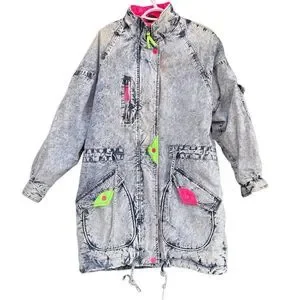 Vintage 80s Acid Wash Puff Jean Jacket Long Pink Green Neon Retro Unisex Medium